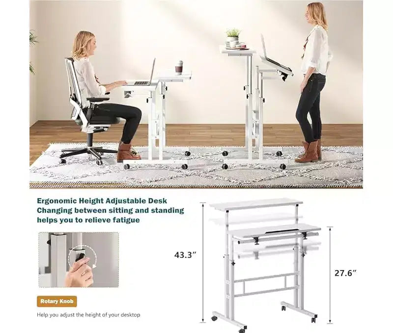 23,6 petit bureau debout avec roulettes, bureau debout mobile avec support, table debout sur roulettes, bureau d'ordinateur roulant réglable en hauteur