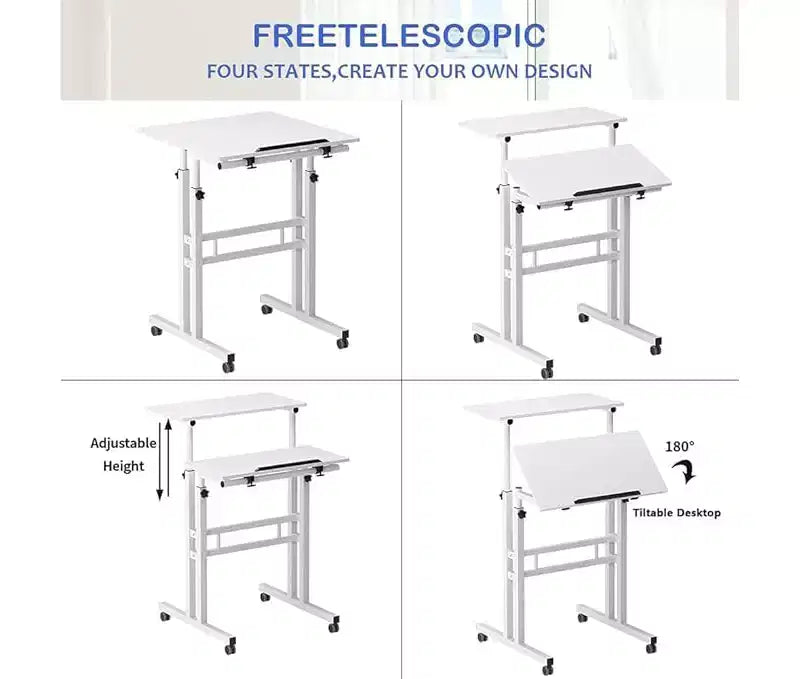23,6 petit bureau debout avec roulettes, bureau debout mobile avec support, table debout sur roulettes, bureau d'ordinateur roulant réglable en hauteur