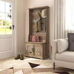 GALANO Hall Tree with Bench and Mirror Door Storage in Knotty Oak 31.3 W x 15.7 D x 68.3 H