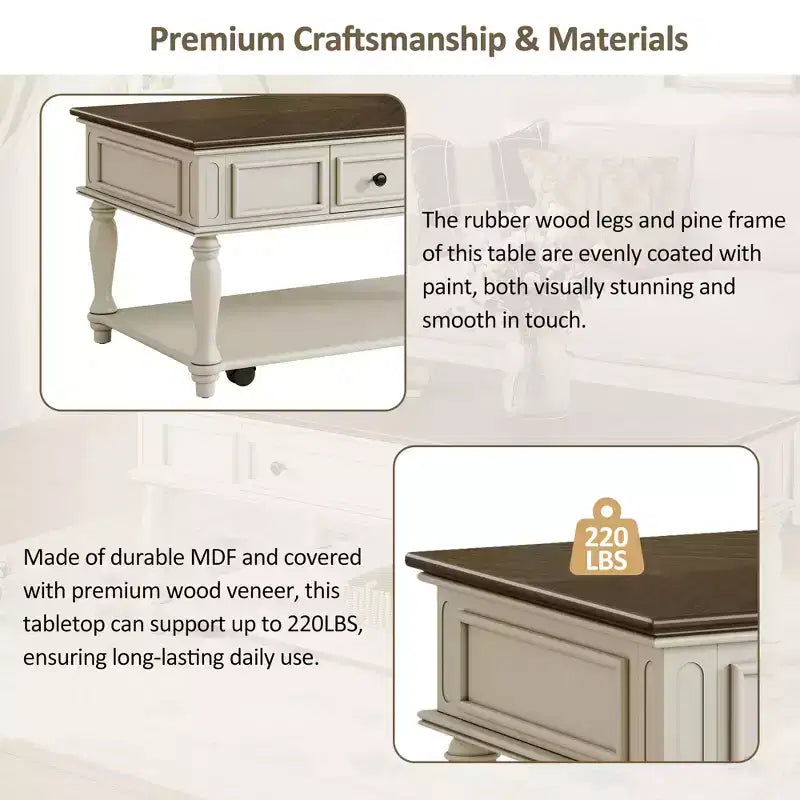 Table basse de ferme avec tiroir, table basse rectangulaire vintage avec roulettes verrouillables pour salon