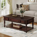 Farmhouse Coffee Table with Drawer, Vintage Rectangle Center Table with Lockable Wheels for Living Room
