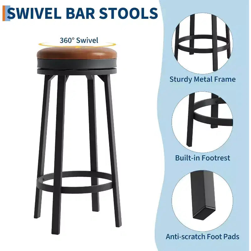 Lot de 2 tabourets de bar pivotants de 76 cm avec repose-pieds, tabourets de bar ronds sans dossier avec revêtement en cuir PU et cadre en métal, pour îlot de cuisine
