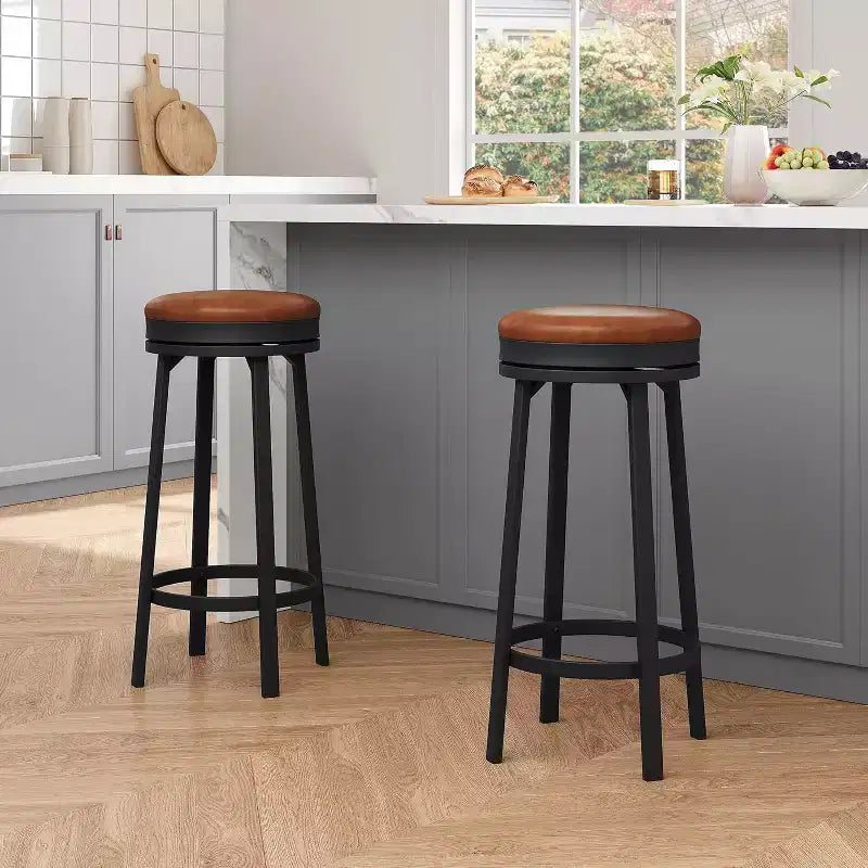 Lot de 2 tabourets de bar pivotants de 76 cm avec repose-pieds, tabourets de bar ronds sans dossier avec revêtement en cuir PU et cadre en métal, pour îlot de cuisine