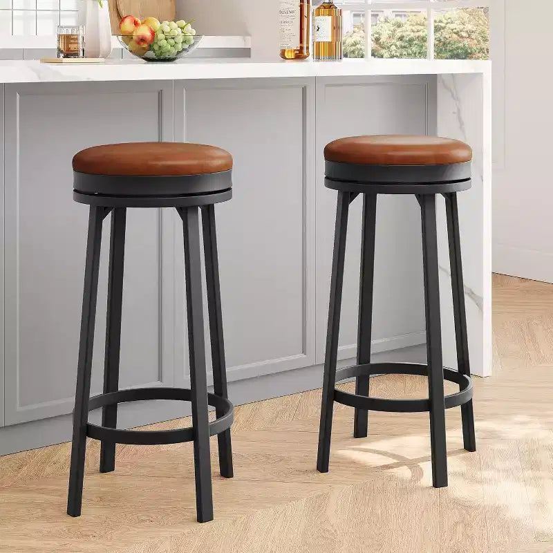 Lot de 2 tabourets de bar pivotants de 76 cm avec repose-pieds, tabourets de bar ronds sans dossier avec revêtement en cuir PU et cadre en métal, pour îlot de cuisine