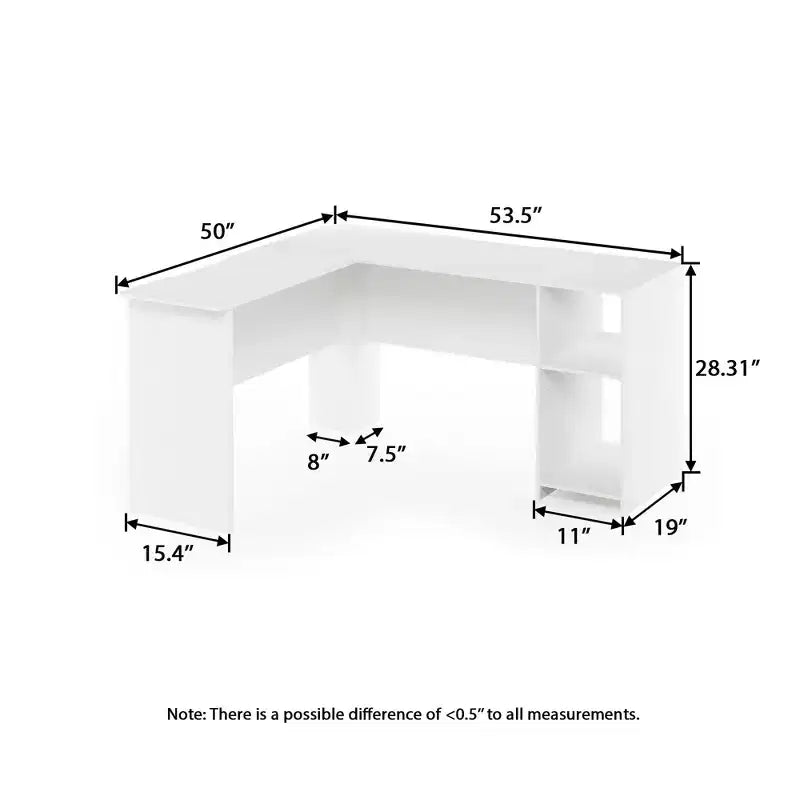Bureau d'ordinateur en L HOMLUX 53, bureau d'angle avec compartiment ouvert et 2 trous passe-câbles