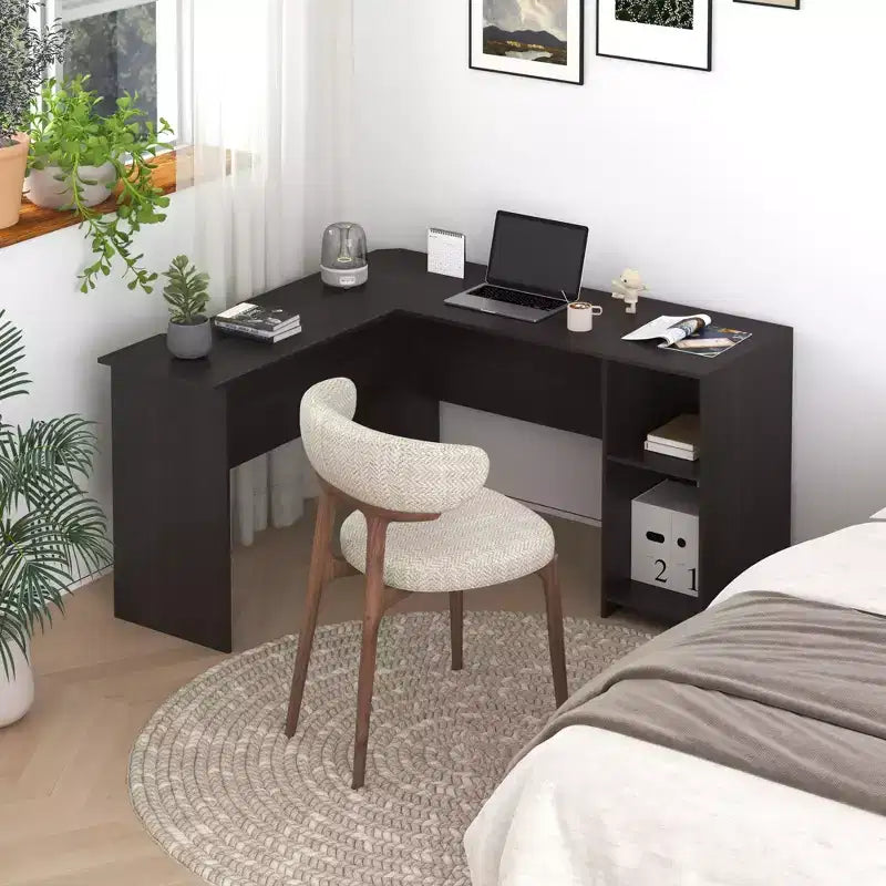 Bureau d'ordinateur en L HOMLUX 53, bureau d'angle avec compartiment ouvert et 2 trous passe-câbles