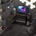 Bureau d'ordinateur en L HOMLUX 53, bureau d'angle avec compartiment ouvert et 2 trous passe-câbles