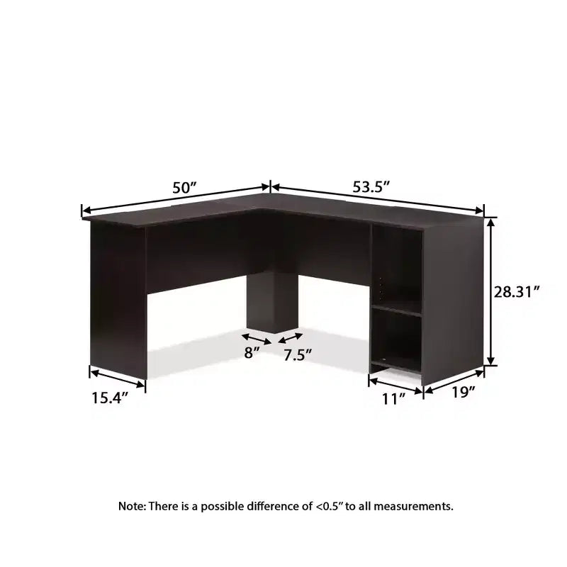 Bureau d'ordinateur en L HOMLUX 53, bureau d'angle avec compartiment ouvert et 2 trous passe-câbles