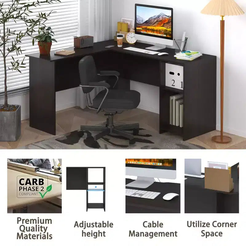 Bureau d'ordinateur en L HOMLUX 53, bureau d'angle avec compartiment ouvert et 2 trous passe-câbles