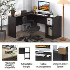 Bureau d'ordinateur en L HOMLUX 53, bureau d'angle avec compartiment ouvert et 2 trous passe-câbles