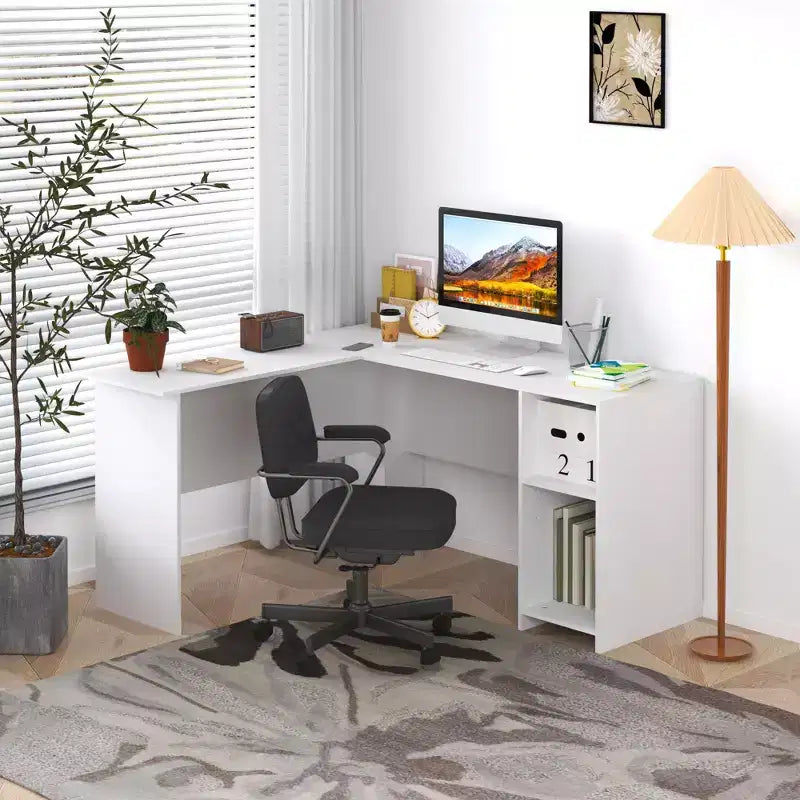 Bureau d'ordinateur en L HOMLUX 53, bureau d'angle avec compartiment ouvert et 2 trous passe-câbles