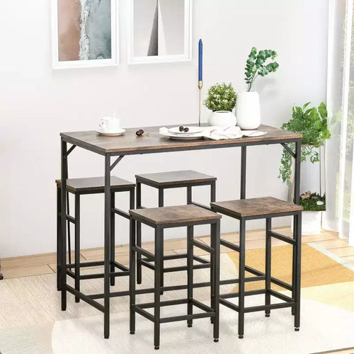 Ensemble de salle à manger industriel 5 pièces, Table de bar et 4 tabourets, Gain de place pour Pub & Cuisine/Noir