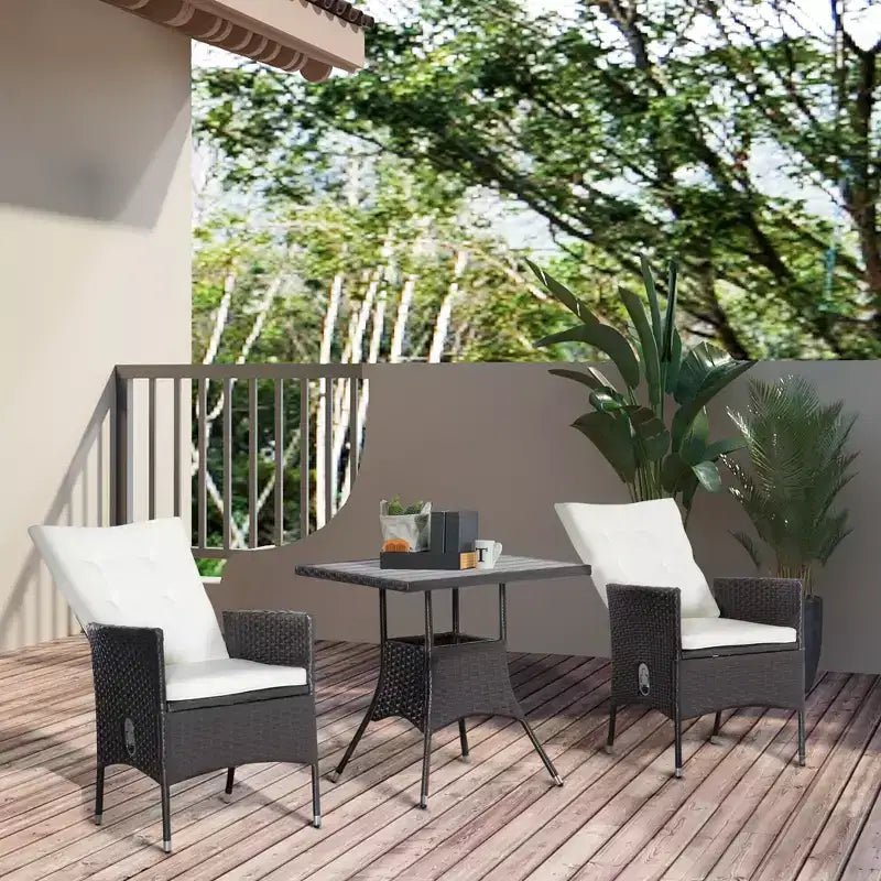 Ensemble de bistrot 3 pièces pour terrasse, ensemble de conversation en rotin PE avec chaises inclinables à coussins touffetés et table basse