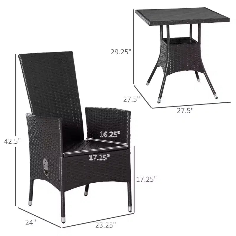 Ensemble de bistrot 3 pièces pour terrasse, ensemble de conversation en rotin PE avec chaises inclinables à coussins touffetés et table basse
