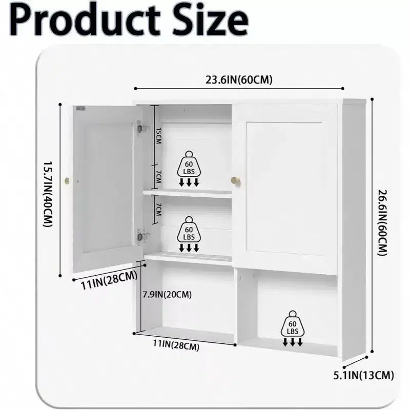 Armoire murale de salle de bain avec 2 portes et étagères réglables, rangement 3 niveaux en bois au-dessus des toilettes, montage mural blanc