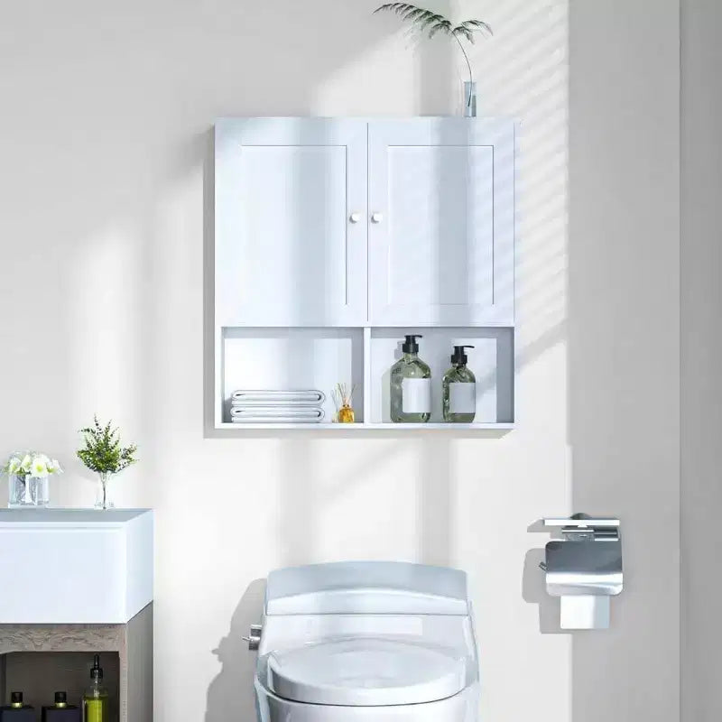 Armoire murale de salle de bain avec 2 portes et étagères réglables, rangement 3 niveaux en bois au-dessus des toilettes, montage mural blanc