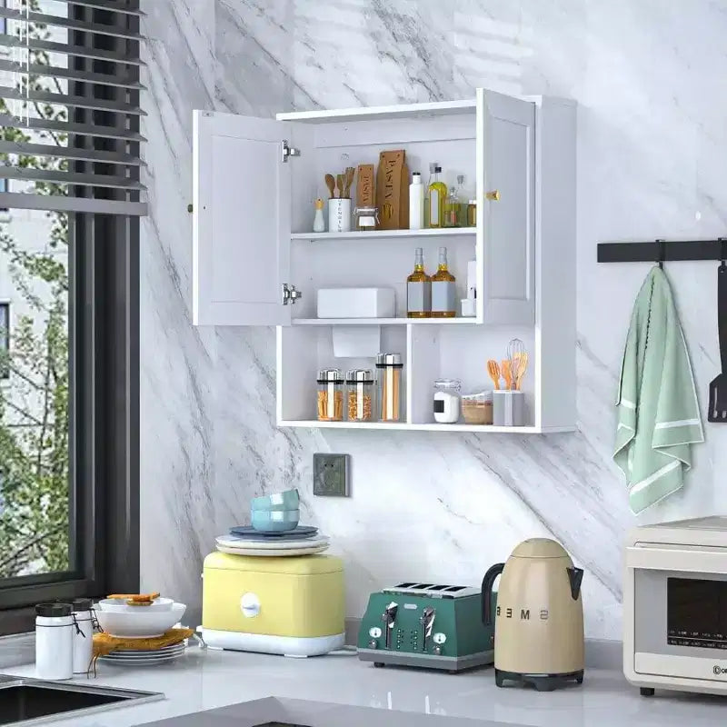 Armoire murale de salle de bain avec 2 portes et étagères réglables, rangement 3 niveaux en bois au-dessus des toilettes, montage mural blanc