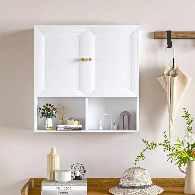 Armoire murale de salle de bain avec 2 portes et étagères réglables, rangement 3 niveaux en bois au-dessus des toilettes, montage mural blanc