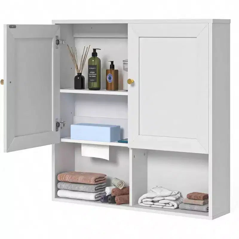 Armoire murale de salle de bain avec 2 portes et étagères réglables, rangement 3 niveaux en bois au-dessus des toilettes, montage mural blanc