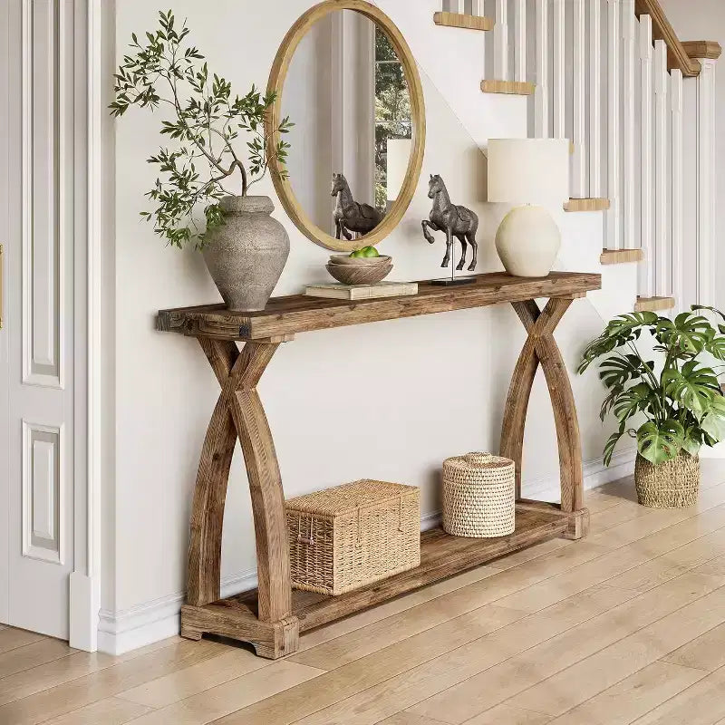 Table console étroite Lantine de 63 pouces en bois massif, table d'entrée de style ferme à 2 niveaux derrière le canapé pour l'entrée, le foyer, le salon