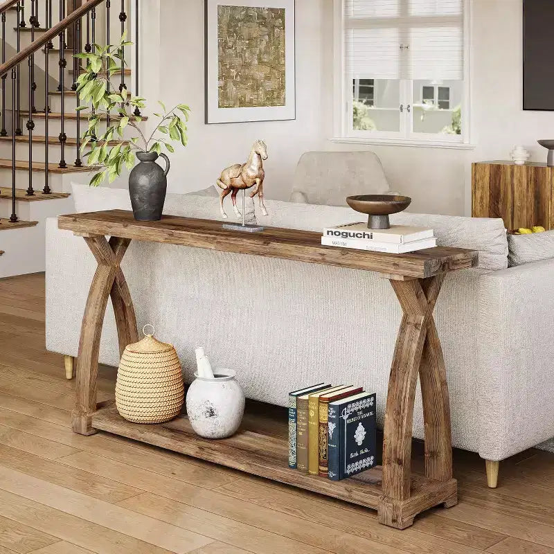 Table console étroite Lantine de 63 pouces en bois massif, table d'entrée de style ferme à 2 niveaux derrière le canapé pour l'entrée, le foyer, le salon