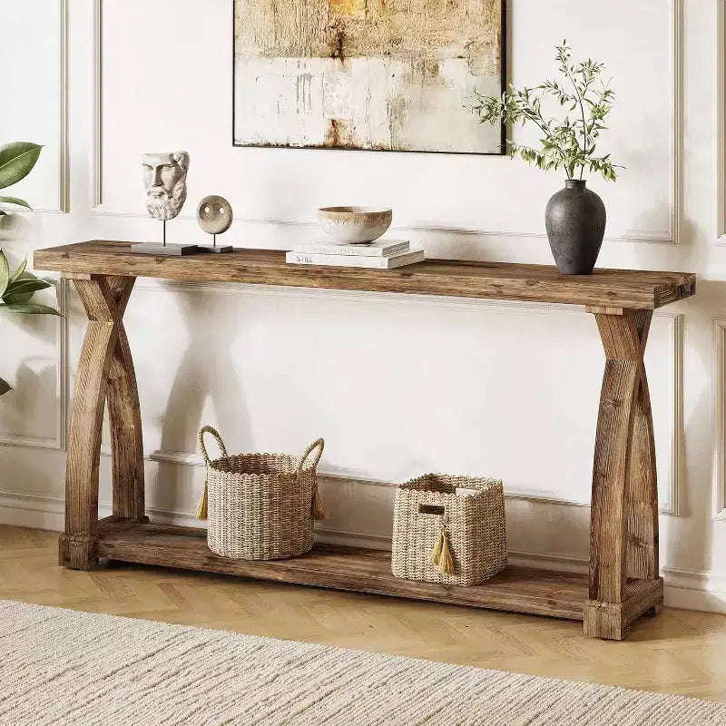 Table console étroite Lantine de 63 pouces en bois massif, table d'entrée de style ferme à 2 niveaux derrière le canapé pour l'entrée, le foyer, le salon
