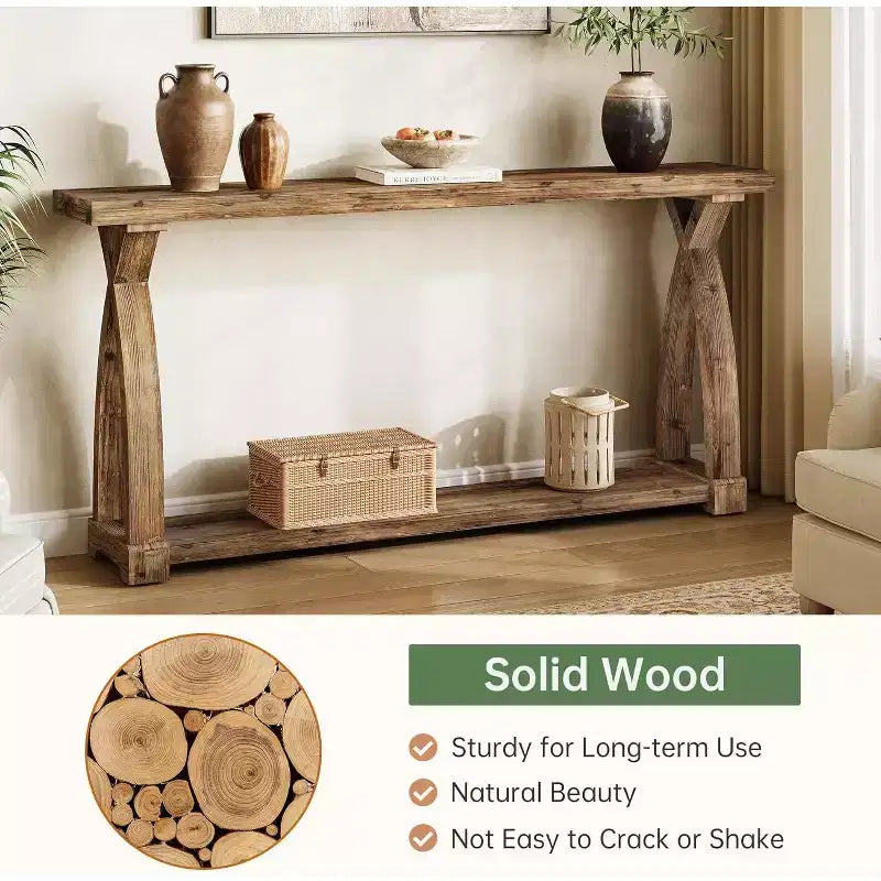 Table console étroite Lantine de 63 pouces en bois massif, table d'entrée de style ferme à 2 niveaux derrière le canapé pour l'entrée, le foyer, le salon