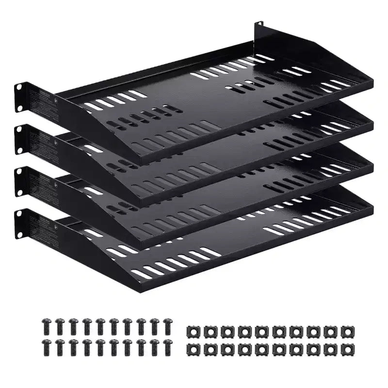 VEVOR 1U Server Rack Shelf, 4 PCS, 50 lbs Max Load-Bearing Vented Cantilever, Wall Mount or Rack Mount Shelf with Tray, 10 in Depth, Black