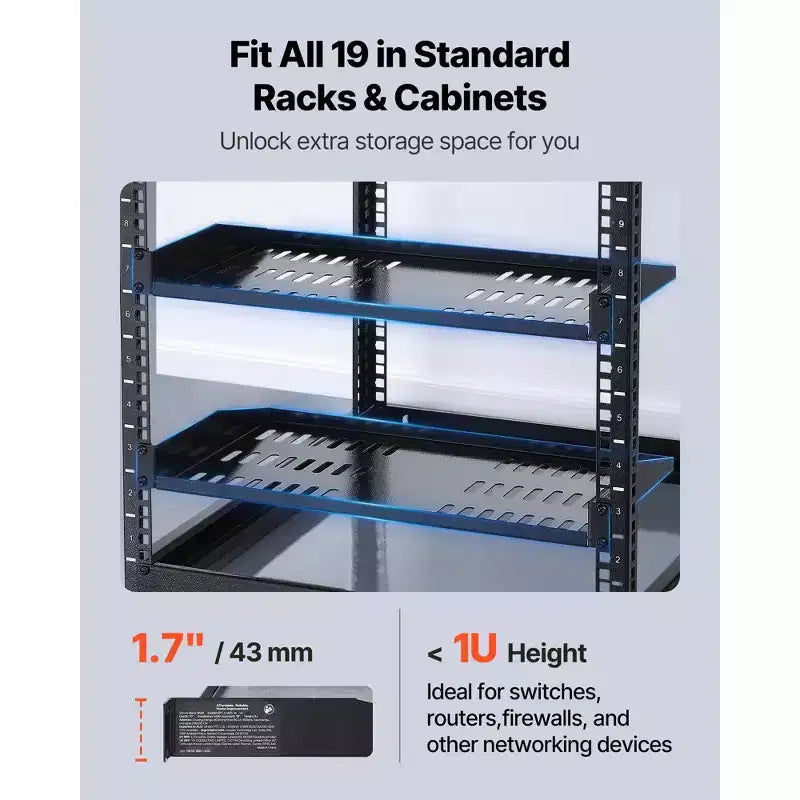 Étagère de rack de serveur 1U VEVOR, 4 PCS, capacité de charge max. 22,7 kg, console ventilée, montage mural ou en rack avec plateau, profondeur 25,4 cm, noir