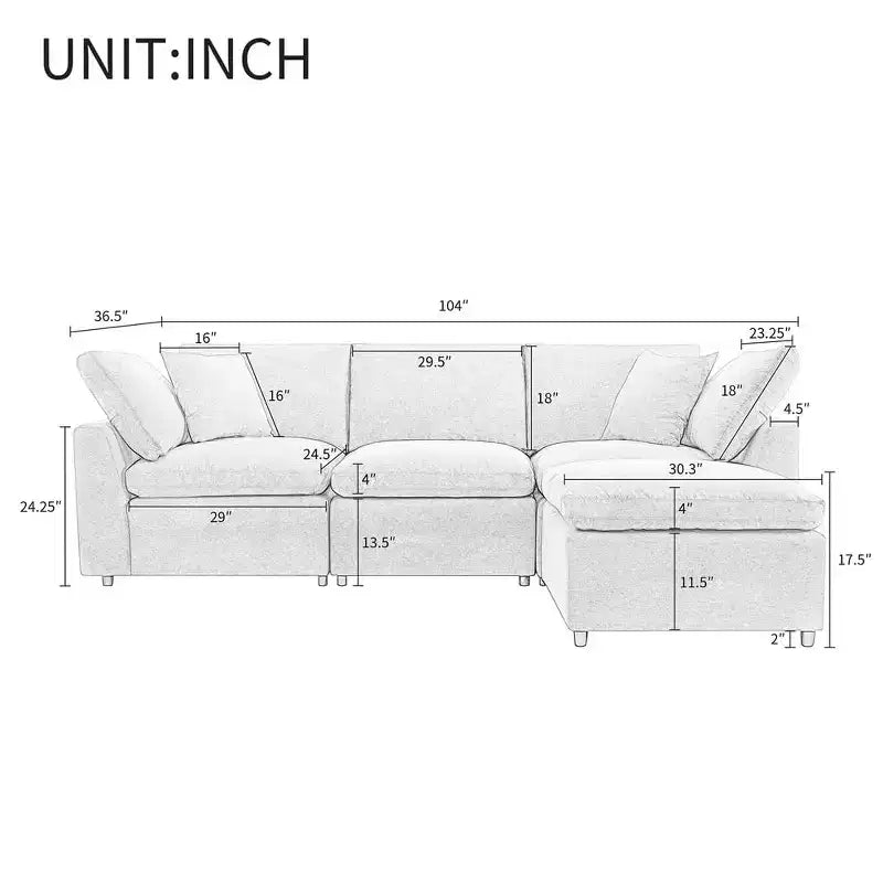 Canapé sectionnel convertible avec accoudoirs inclinés, canapé 4 places rembourré, canapé sectionnel avec coussins amovibles