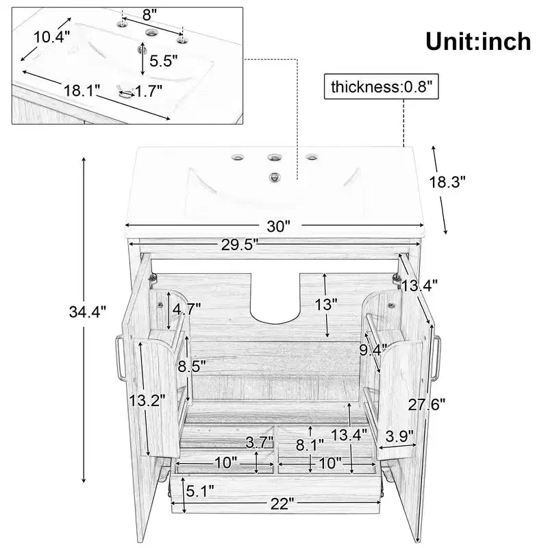 Meuble sous-vasque MAYEERTY 30" avec lavabo, portes et tiroir multifonctionnels en MDF naturel