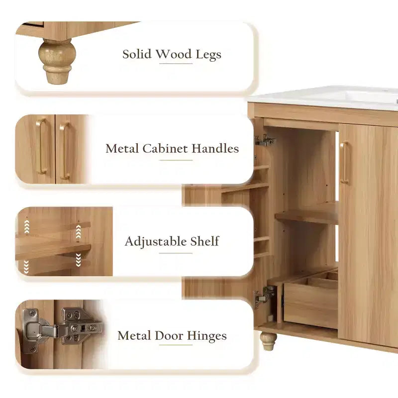 Meuble sous-vasque MAYEERTY 30" avec lavabo, portes et tiroir multifonctionnels en MDF naturel