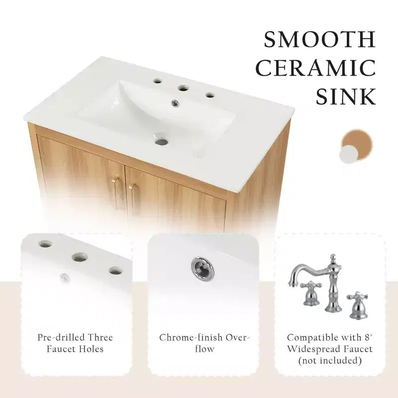 Meuble sous-vasque MAYEERTY 30" avec lavabo, portes et tiroir multifonctionnels en MDF naturel