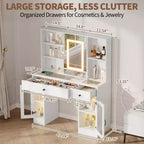 Grande coiffeuse avec miroir coulissant et lumières LED 3 couleurs, table de maquillage avec tiroirs de rangement, étagères, placards, station de beauté en MDF