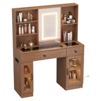 Grande coiffeuse avec miroir coulissant et lumières LED 3 couleurs, table de maquillage avec tiroirs de rangement, étagères, placards, station de beauté en MDF