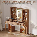 Grande coiffeuse avec miroir coulissant et lumières LED 3 couleurs, table de maquillage avec tiroirs de rangement, étagères, placards, station de beauté en MDF