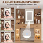 Grande coiffeuse avec miroir coulissant et lumières LED 3 couleurs, table de maquillage avec tiroirs de rangement, étagères, placards, station de beauté en MDF