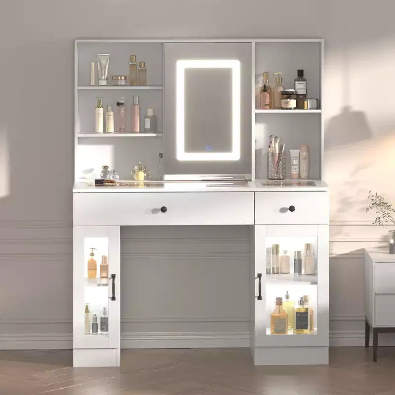 Grande coiffeuse avec miroir coulissant et lumières LED 3 couleurs, table de maquillage avec tiroirs de rangement, étagères, placards, station de beauté en MDF
