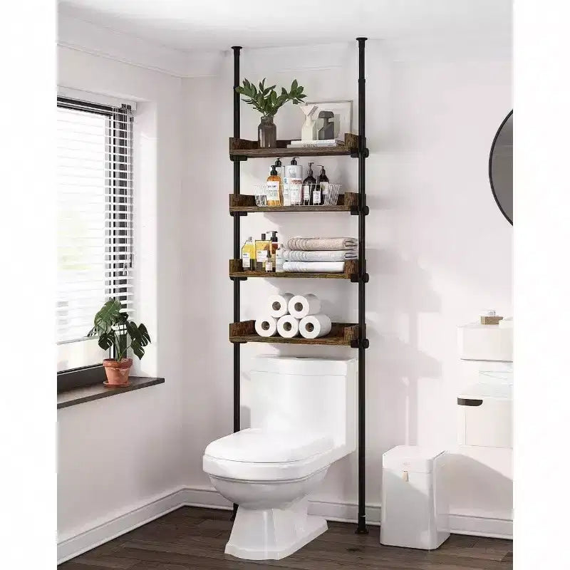 Bathroom Organizer Over Toilet Storage 4 - Tier Adjustable Wood Shelves Small Room Space Saver Narrow Cabinet Rustic Brown