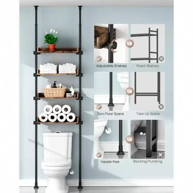 Organisateur de salle de bain de rangement au-dessus des toilettes à 4 étagères en bois réglables, meuble étroit peu encombrant pour petite pièce, marron rustique