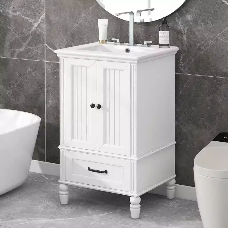 Meuble-lavabo de salle de bain MAYEERTY 20 avec évier, 2 portes, butée magnétique, pieds réglables, tiroir, blanc