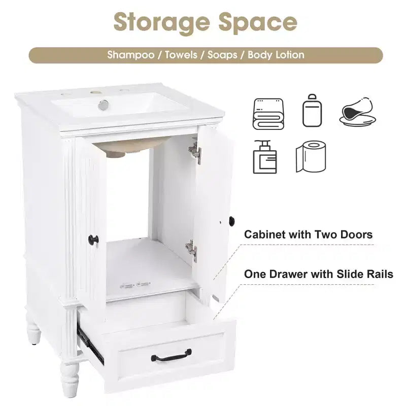 Meuble-lavabo de salle de bain MAYEERTY 20 avec évier, 2 portes, butée magnétique, pieds réglables, tiroir, blanc