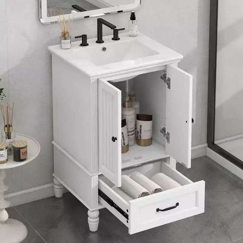 Meuble-lavabo de salle de bain MAYEERTY 20 avec évier, 2 portes, butée magnétique, pieds réglables, tiroir, blanc