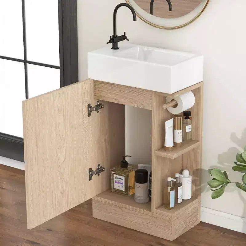 MAYEERTY 18.6 Meuble Lavabo Salle de Bain avec Évier Étagère à 2 Niveaux Orientation Gauche Droite Noir