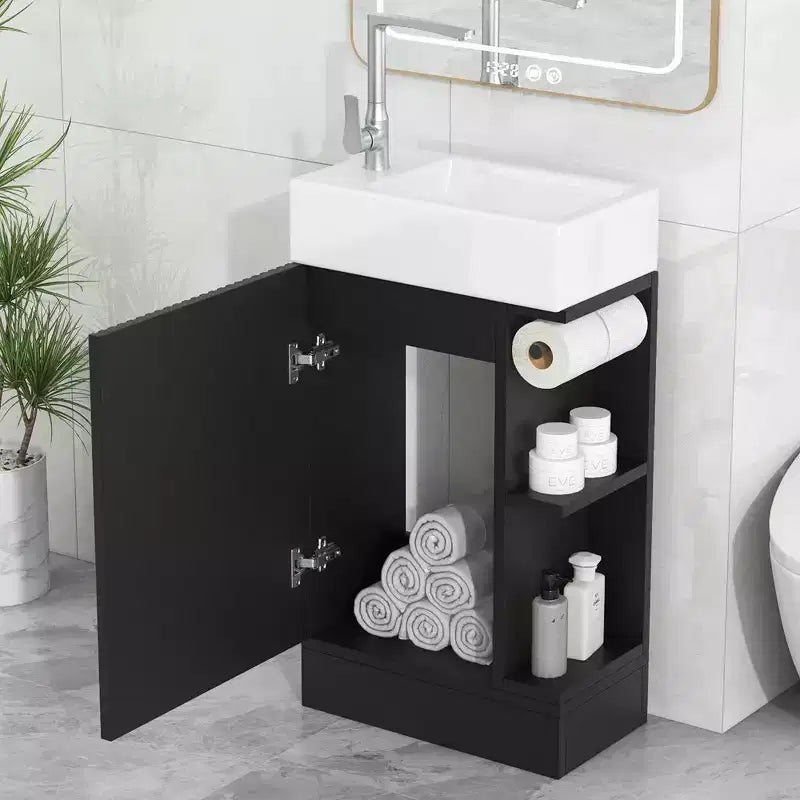 MAYEERTY 18.6 Meuble Lavabo Salle de Bain avec Évier Étagère à 2 Niveaux Orientation Gauche Droite Noir