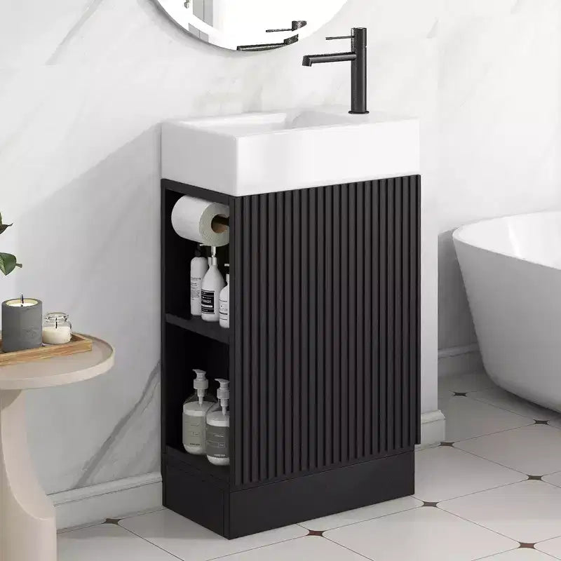 MAYEERTY 18.6 Meuble Lavabo Salle de Bain avec Évier Étagère à 2 Niveaux Orientation Gauche Droite Noir