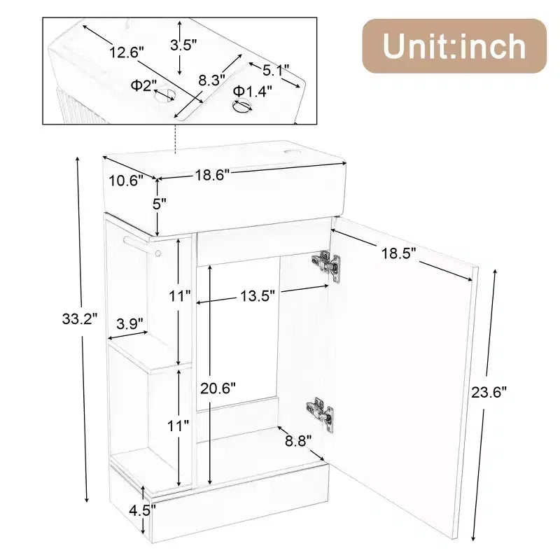 MAYEERTY 18.6 Meuble Lavabo Salle de Bain avec Évier Étagère à 2 Niveaux Orientation Gauche Droite Noir