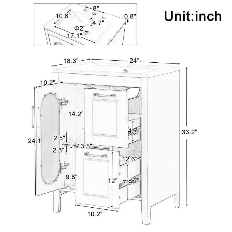 MAYEERTY Meuble-lavabo de salle de bain 24 po avec évier 2 tiroirs 1 porte Étagère réglable Bois massif MDF Noir