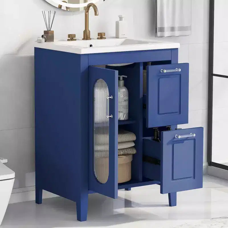 MAYEERTY Meuble-lavabo de salle de bain 24 po avec évier 2 tiroirs 1 porte Étagère réglable Bois massif MDF Noir