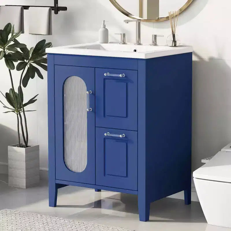 MAYEERTY Meuble-lavabo de salle de bain 24 po avec évier 2 tiroirs 1 porte Étagère réglable Bois massif MDF Noir